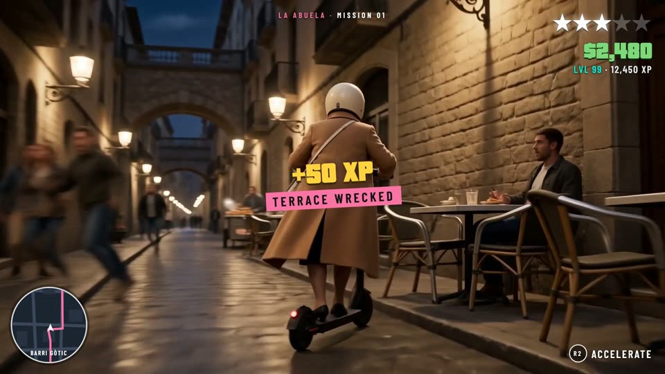La abuela en patinete por el Barri Gòtic con el HUD de juego
